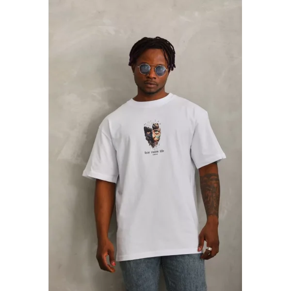 Unisex Oversize Baskılı Bisiklet Yaka T-Shirt - Beyaz