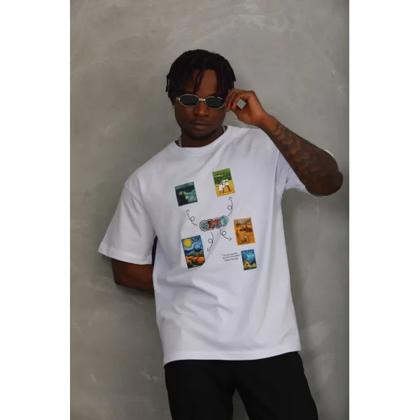 Unisex Oversize Baskılı Bisiklet Yaka T-Shirt - Beyaz