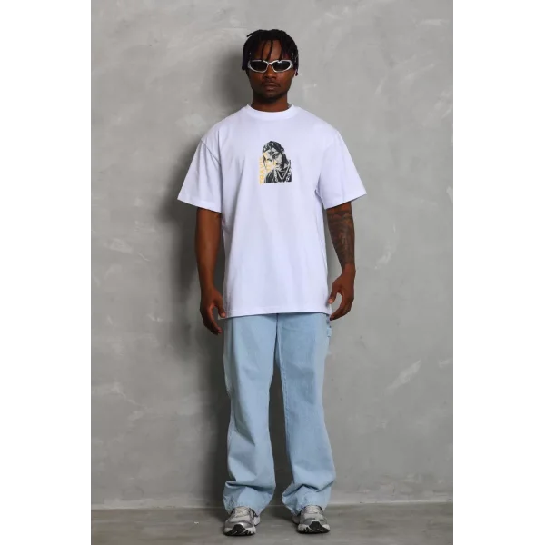 Unisex Oversize Baskılı Bisiklet Yaka T-Shirt - Beyaz