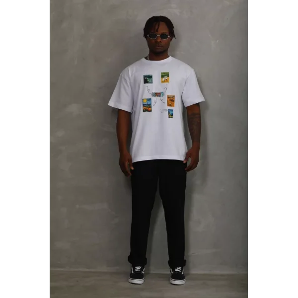 Unisex Oversize Baskılı Bisiklet Yaka T-Shirt - Beyaz