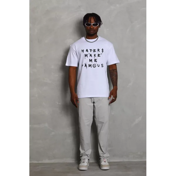 Unisex Oversize Baskılı Bisiklet Yaka T-Shirt - Beyaz