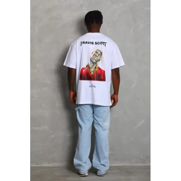 Unisex Oversize Baskılı Bisiklet Yaka T-Shirt - Beyaz