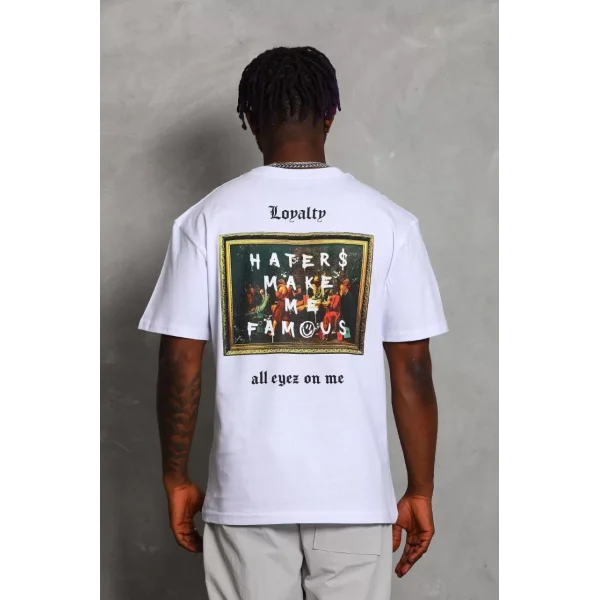 Unisex Oversize Baskılı Bisiklet Yaka T-Shirt - Beyaz