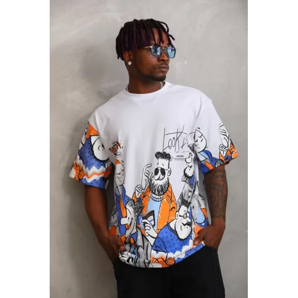 Unisex Oversize Baskılı Bisiklet Yaka T-Shirt - Beyaz