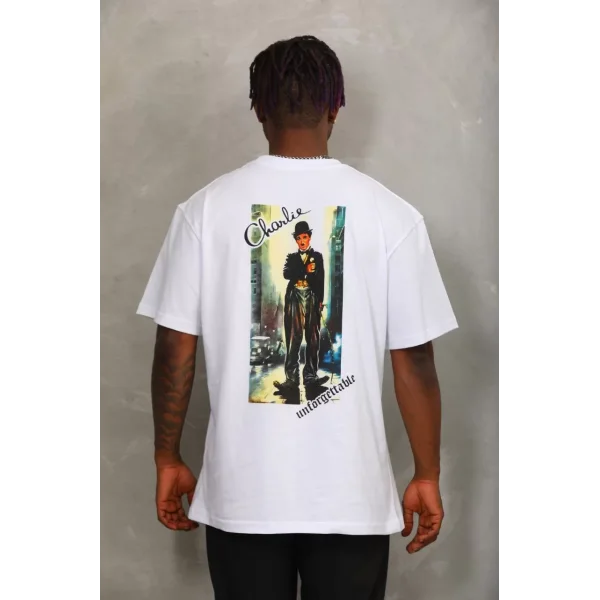 Unisex Oversize Baskılı Bisiklet Yaka T-Shirt - Beyaz