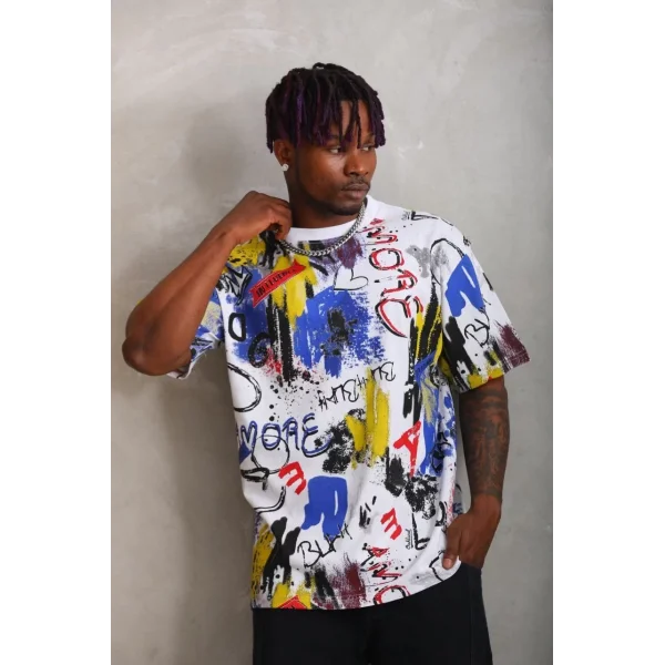 Unisex Oversize Baskılı Bisiklet Yaka T-Shirt - Beyaz