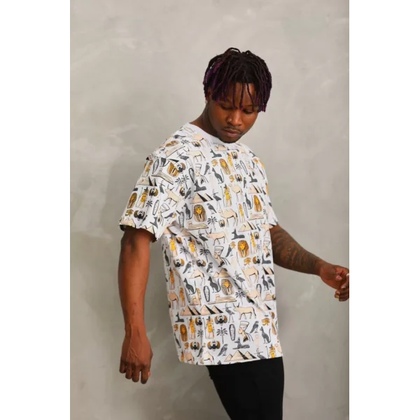 Unisex Oversize Baskılı Bisiklet Yaka T-Shirt - Beyaz