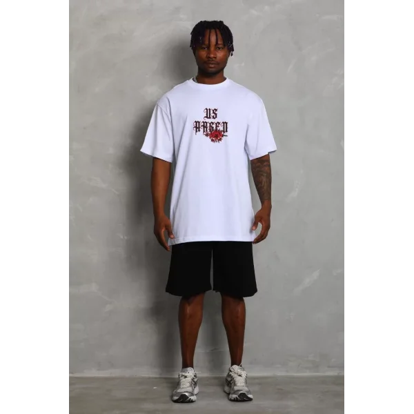 Unisex Oversize Baskılı Bisiklet Yaka T-Shirt - Beyaz