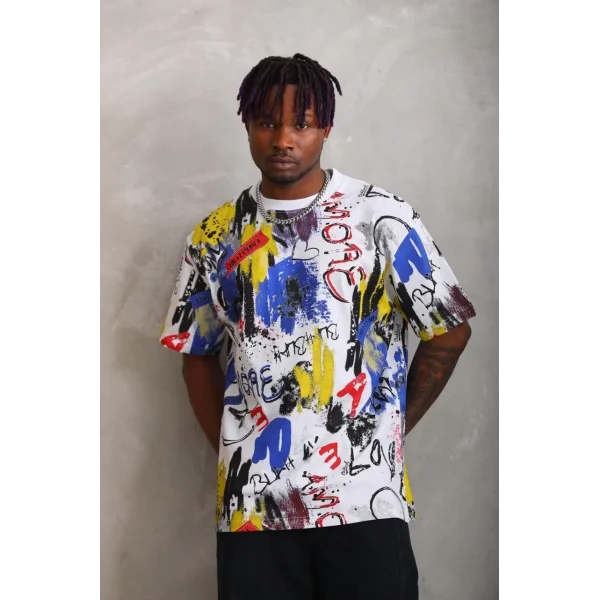 Unisex Oversize Baskılı Bisiklet Yaka T-Shirt - Beyaz