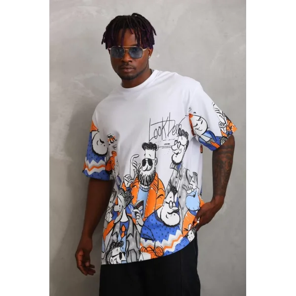 Unisex Oversize Baskılı Bisiklet Yaka T-Shirt - Beyaz