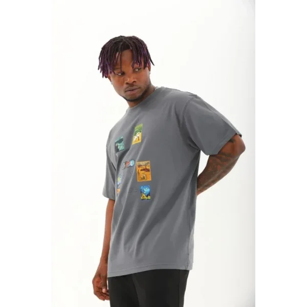 Unisex Oversize Baskılı Bisiklet Yaka T-Shirt - Füme