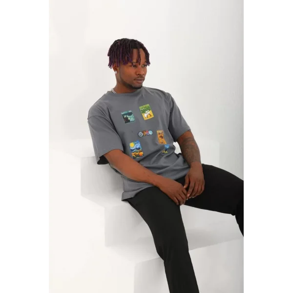 Unisex Oversize Baskılı Bisiklet Yaka T-Shirt - Füme