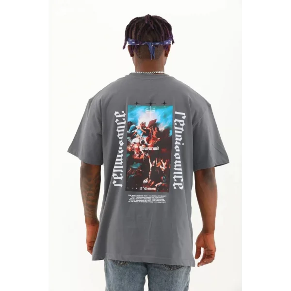 Unisex Oversize Baskılı Bisiklet Yaka T-Shirt - Füme