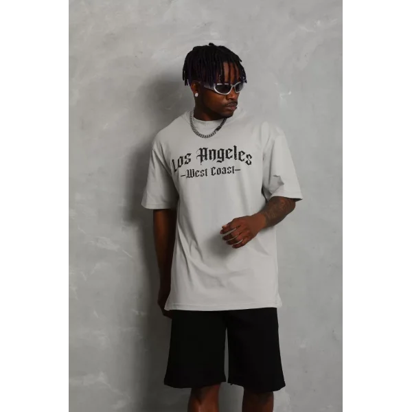 Unisex Oversize Baskılı Bisiklet Yaka T-Shirt - Gri