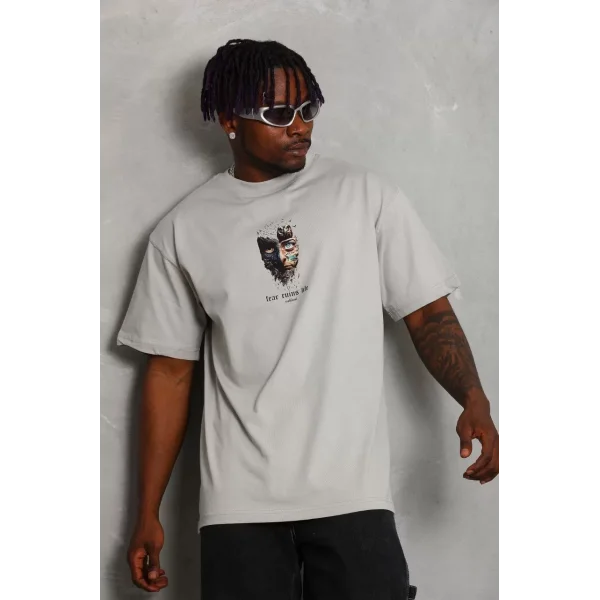 Unisex Oversize Baskılı Bisiklet Yaka T-Shirt - Gri