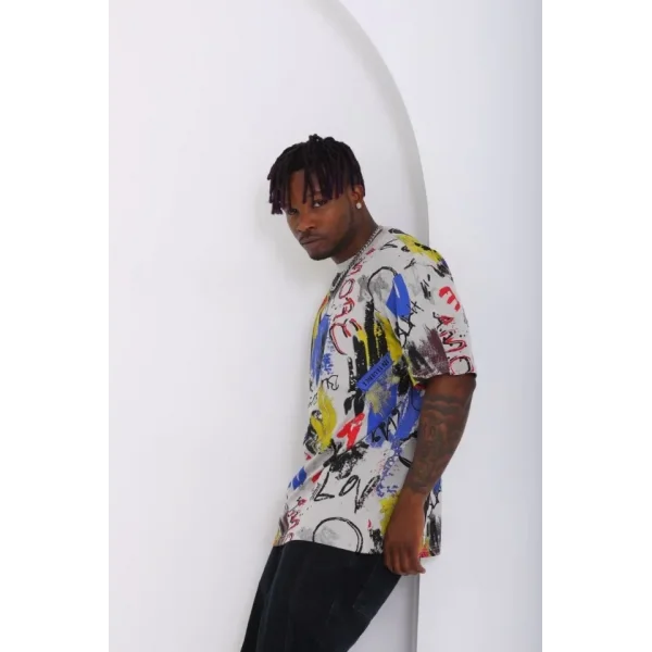 Unisex Oversize Baskılı Bisiklet Yaka T-Shirt - Gri