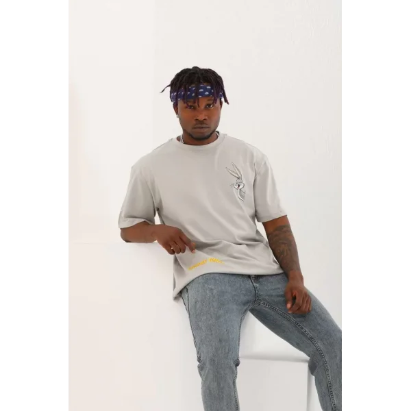 Unisex Oversize Baskılı Bisiklet Yaka T-Shirt - Gri