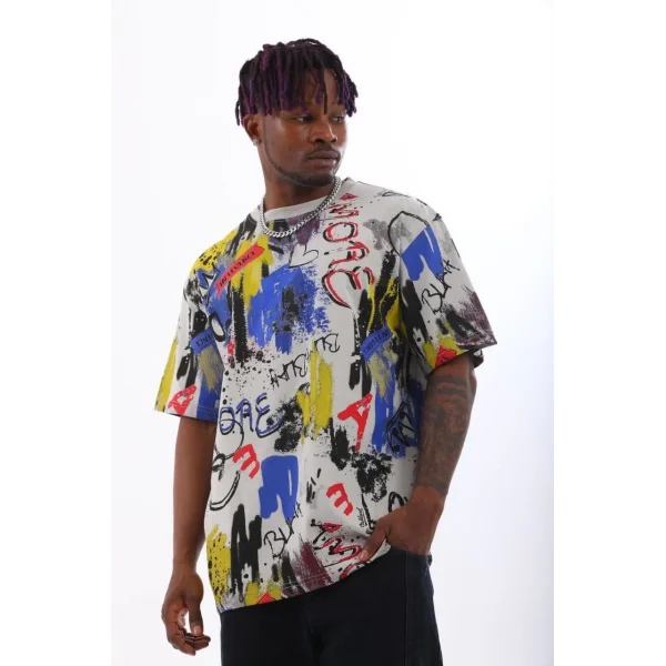 Unisex Oversize Baskılı Bisiklet Yaka T-Shirt - Gri