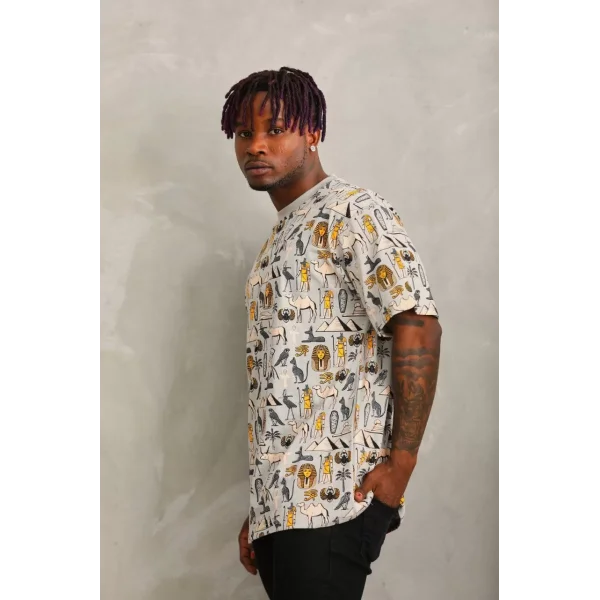 Unisex Oversize Baskılı Bisiklet Yaka T-Shirt - Gri