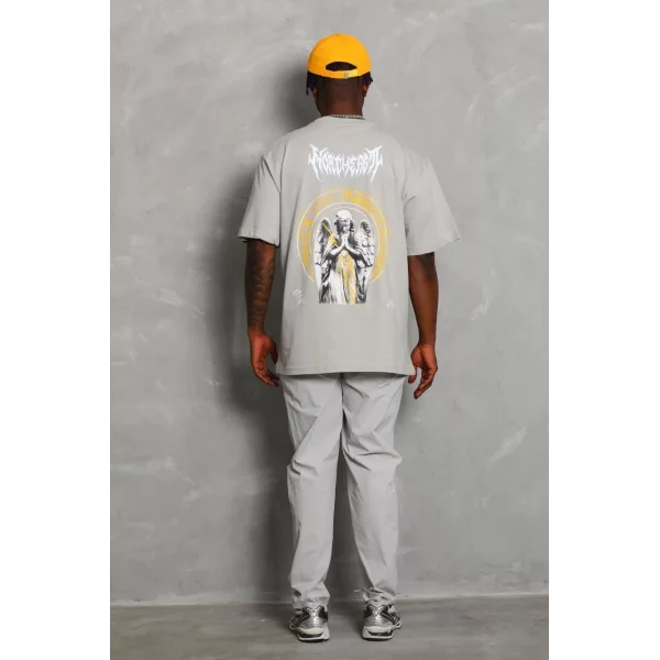 Unisex Oversize Baskılı Bisiklet Yaka T-Shirt - Gri