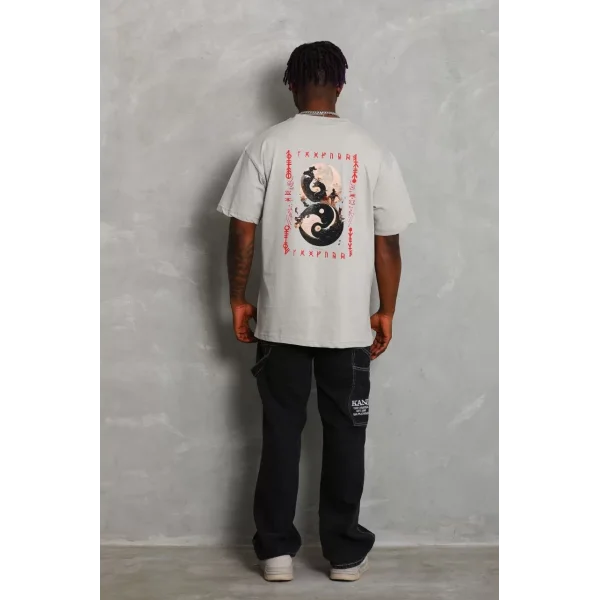 Unisex Oversize Baskılı Bisiklet Yaka T-Shirt - Gri