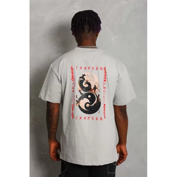 Unisex Oversize Baskılı Bisiklet Yaka T-Shirt - Gri