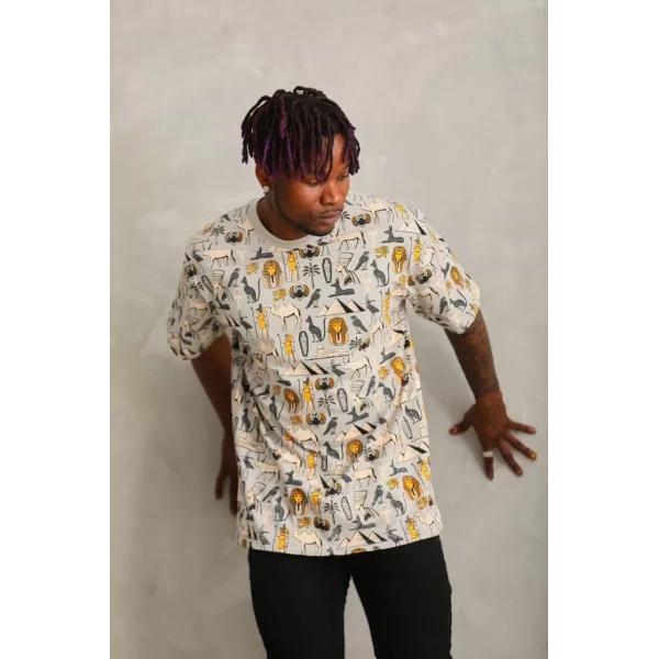 Unisex Oversize Baskılı Bisiklet Yaka T-Shirt - Gri