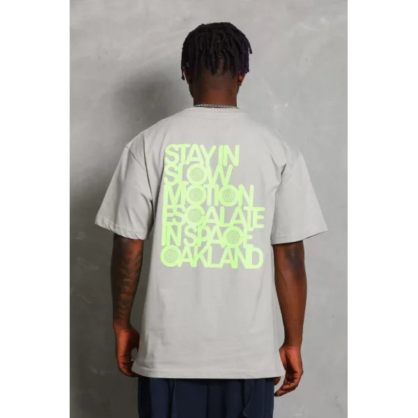 Unisex Oversize Baskılı Bisiklet Yaka T-Shirt - Gri