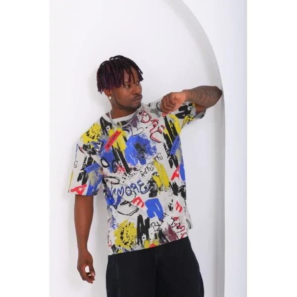 Unisex Oversize Baskılı Bisiklet Yaka T-Shirt - Gri