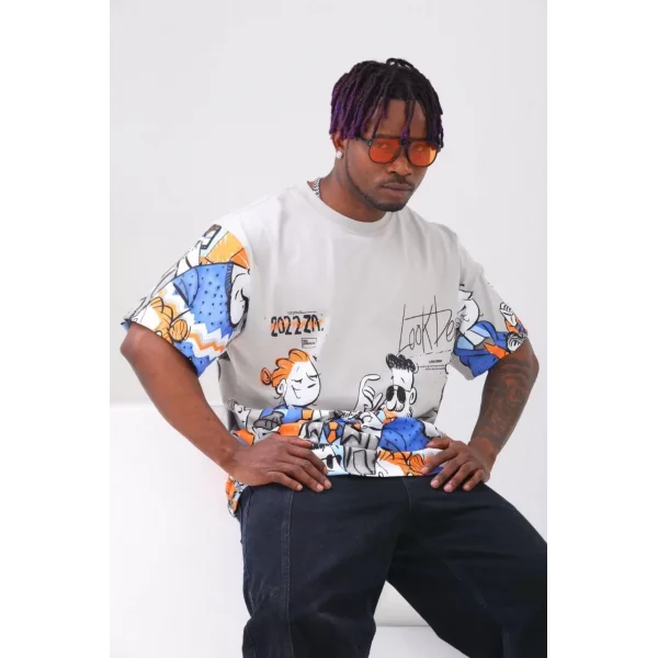 Unisex Oversize Baskılı Bisiklet Yaka T-Shirt - Gri