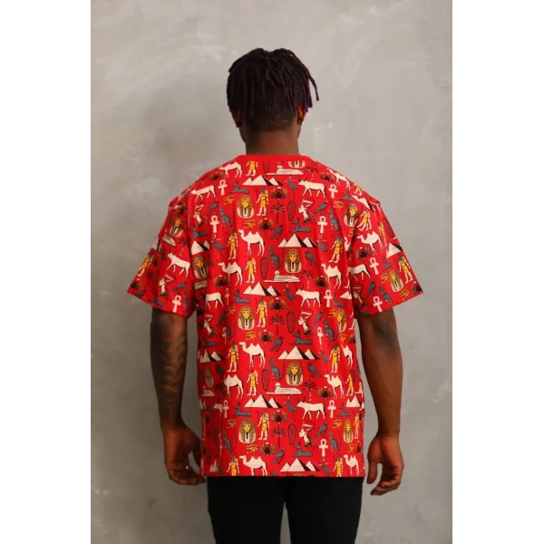 Unisex Oversize Baskılı Bisiklet Yaka T-Shirt - Kırmızı