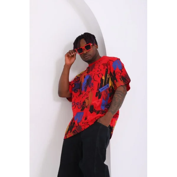 Unisex Oversize Baskılı Bisiklet Yaka T-Shirt - Kırmızı