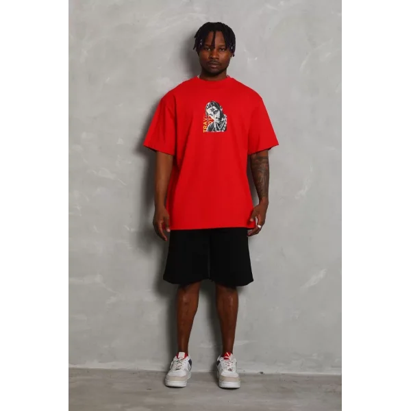 Unisex Oversize Baskılı Bisiklet Yaka T-Shirt - Kırmızı