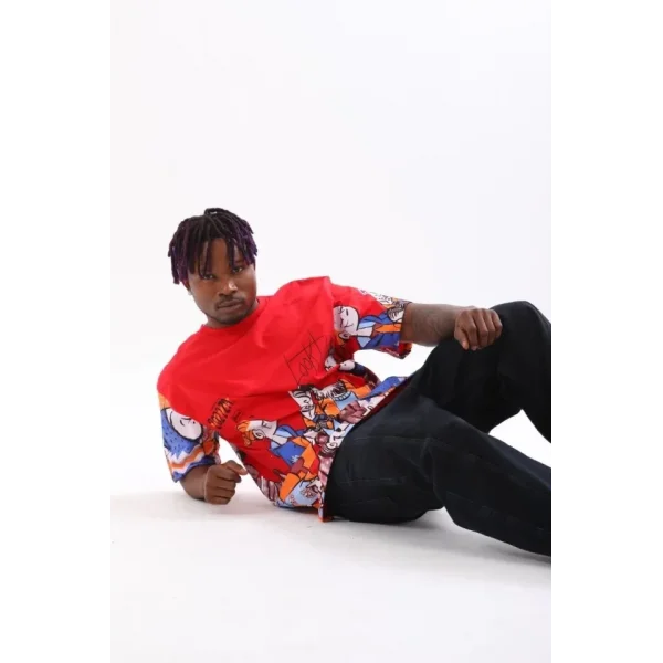 Unisex Oversize Baskılı Bisiklet Yaka T-Shirt - Kırmızı