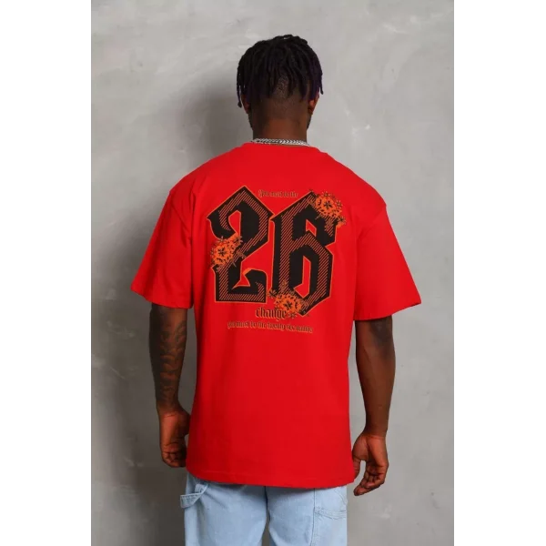 Unisex Oversize Baskılı Bisiklet Yaka T-Shirt - Kırmızı