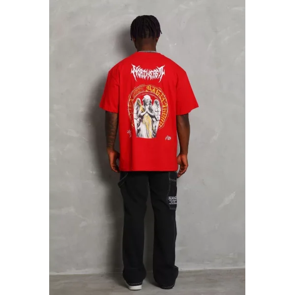 Unisex Oversize Baskılı Bisiklet Yaka T-Shirt - Kırmızı