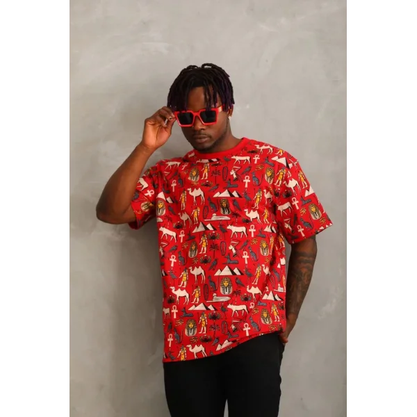 Unisex Oversize Baskılı Bisiklet Yaka T-Shirt - Kırmızı