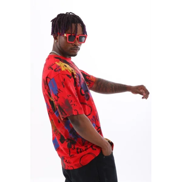 Unisex Oversize Baskılı Bisiklet Yaka T-Shirt - Kırmızı