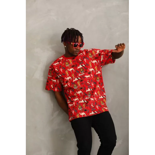 Unisex Oversize Baskılı Bisiklet Yaka T-Shirt - Kırmızı