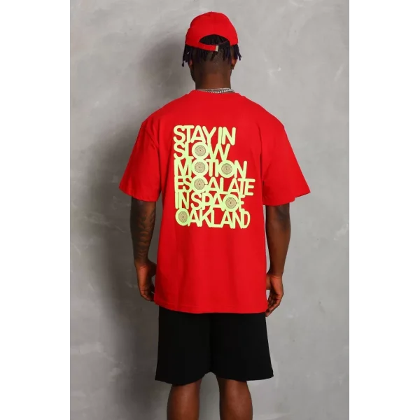 Unisex Oversize Baskılı Bisiklet Yaka T-Shirt - Kırmızı