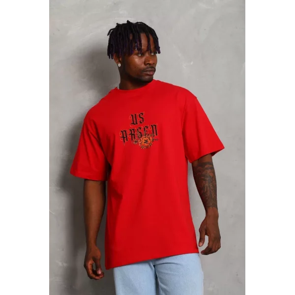 Unisex Oversize Baskılı Bisiklet Yaka T-Shirt - Kırmızı