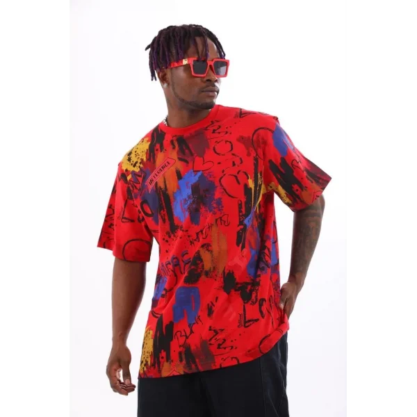 Unisex Oversize Baskılı Bisiklet Yaka T-Shirt - Kırmızı