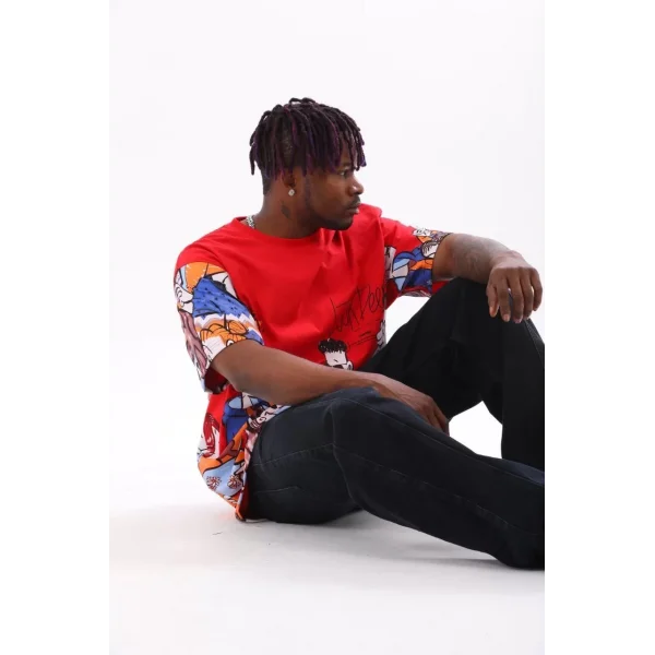 Unisex Oversize Baskılı Bisiklet Yaka T-Shirt - Kırmızı