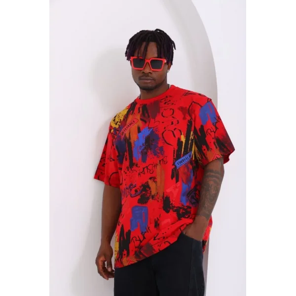 Unisex Oversize Baskılı Bisiklet Yaka T-Shirt - Kırmızı