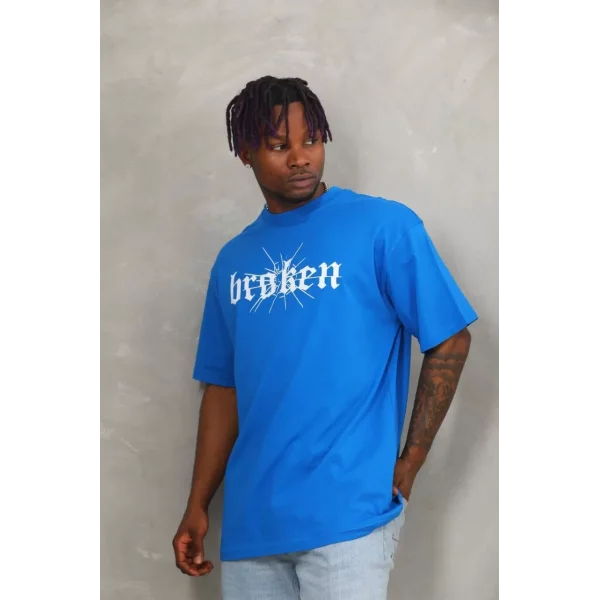 Unisex Oversize Baskılı Bisiklet Yaka T-Shirt - Mavi