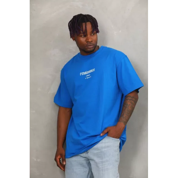 Unisex Oversize Baskılı Bisiklet Yaka T-Shirt - Mavi