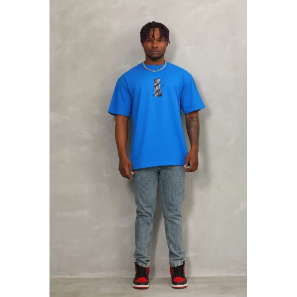 Unisex Oversize Baskılı Bisiklet Yaka T-Shirt - Mavi