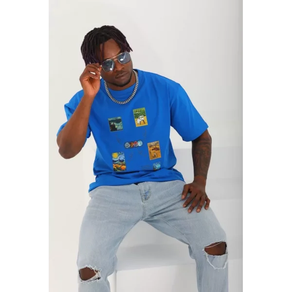 Unisex Oversize Baskılı Bisiklet Yaka T-Shirt - Mavi