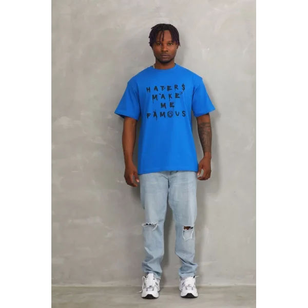 Unisex Oversize Baskılı Bisiklet Yaka T-Shirt - Mavi