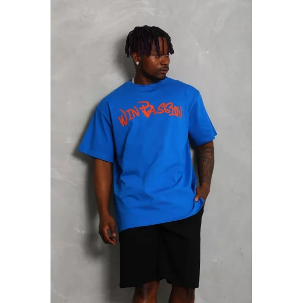 Unisex Oversize Baskılı Bisiklet Yaka T-Shirt - Mavi